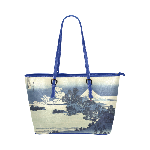 Blue Japanese woodcut scenery Leather Tote Bag/Large (Model 1651)