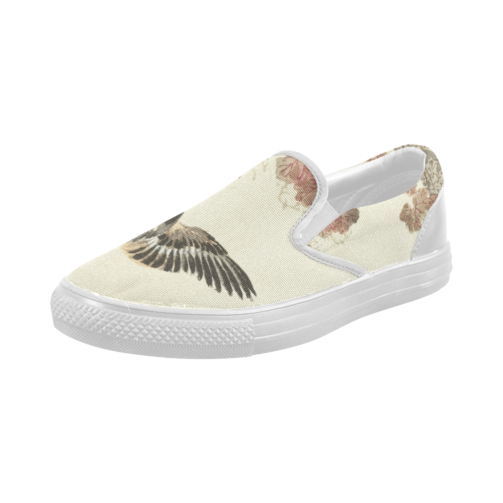 Flying birds, japanese woodcut print, Women's Slip-on Canvas Shoes (Model 019)