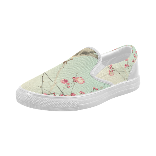 Oriental Bird pink blossom, Japanese woodcut print Women's Slip-on Canvas Shoes (Model 019)