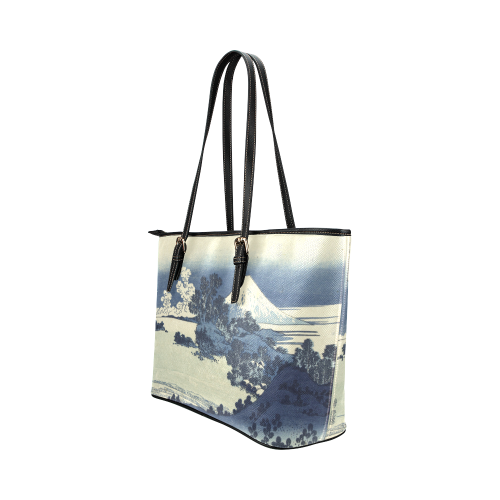 Blue Japanese woodcut scenery Leather Tote Bag/Small (Model 1651)