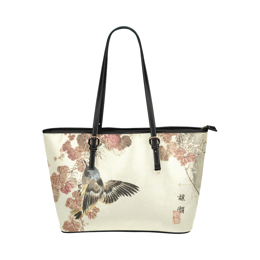 Flying birds, japanese woodcut print, Leather Tote Bag/Large (Model 1651)