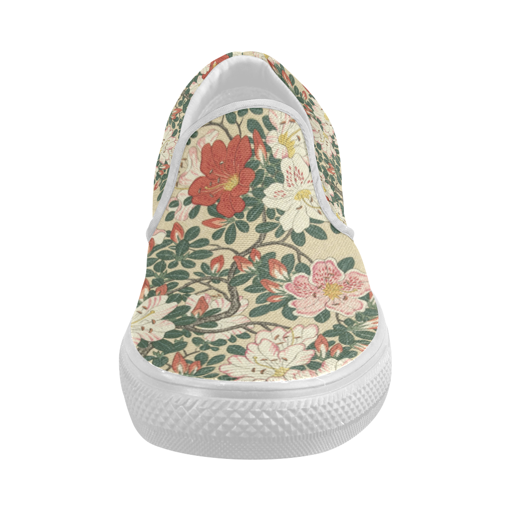 Azalea flowers, Japanese woodcut print, Women's Slip-on Canvas Shoes (Model 019)