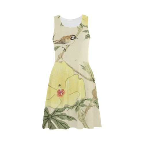 Bird with yellow flowers, oriental Woodcut Print Atalanta Sundress (Model D04)