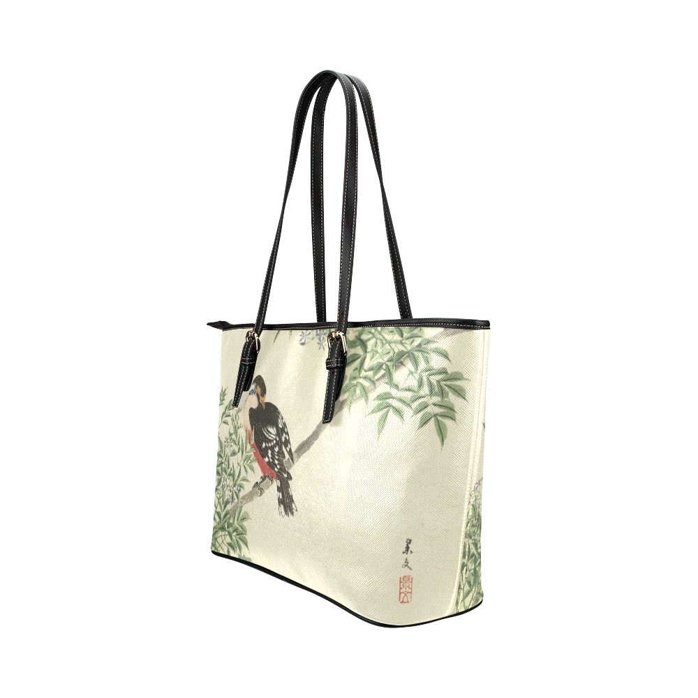 Black Red Bird, Japanese Woodcut print Leather Tote Bag/Large (Model 1651)