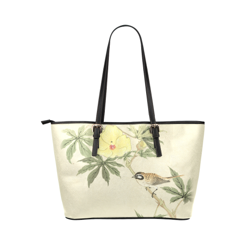 Bird with yellow flowers, oriental Woodcut Print Leather Tote Bag/Large (Model 1651)