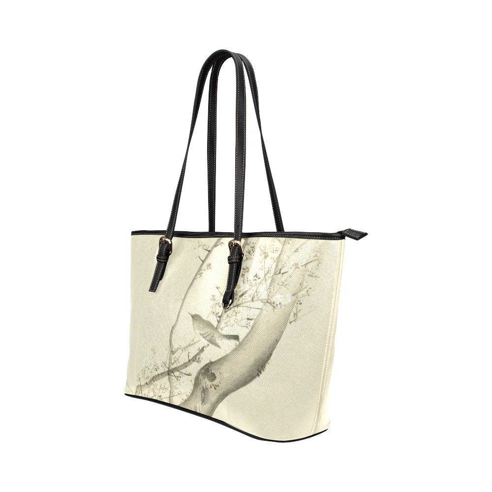 Oriental Bird white blossom, japanese woodcut, Leather Tote Bag/Large (Model 1651)