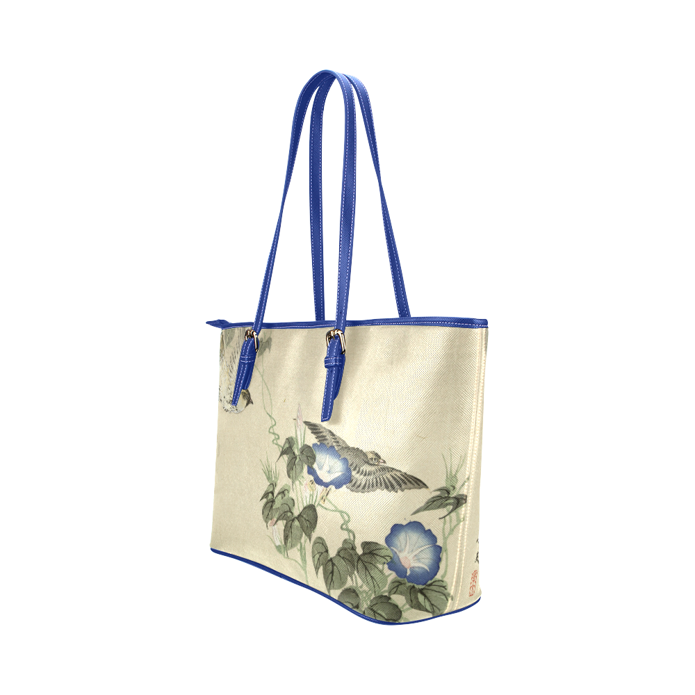 Oriental Birds and blue flowers, Japanese woodcut, Leather Tote Bag/Small (Model 1651)