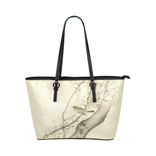 Oriental Bird white blossom, japanese woodcut, Leather Tote Bag/Large (Model 1651)