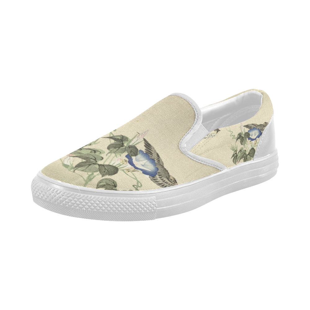 Oriental Birds and blue flowers, Japanese woodcut, Women's Slip-on Canvas Shoes (Model 019)