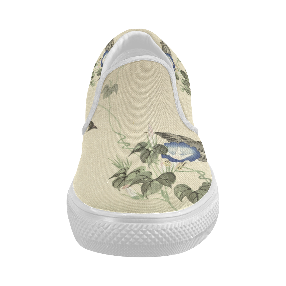 Oriental Birds and blue flowers, Japanese woodcut, Women's Slip-on Canvas Shoes (Model 019)