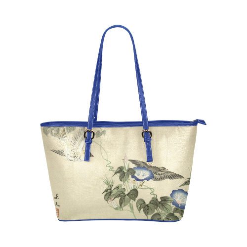 Oriental Birds and blue flowers, Japanese woodcut, Leather Tote Bag/Small (Model 1651)