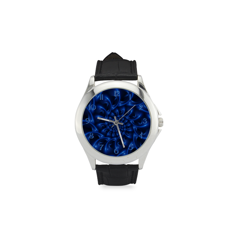 Glossy Blue Spiral Fractal Women's Classic Leather Strap Watch(Model 203)