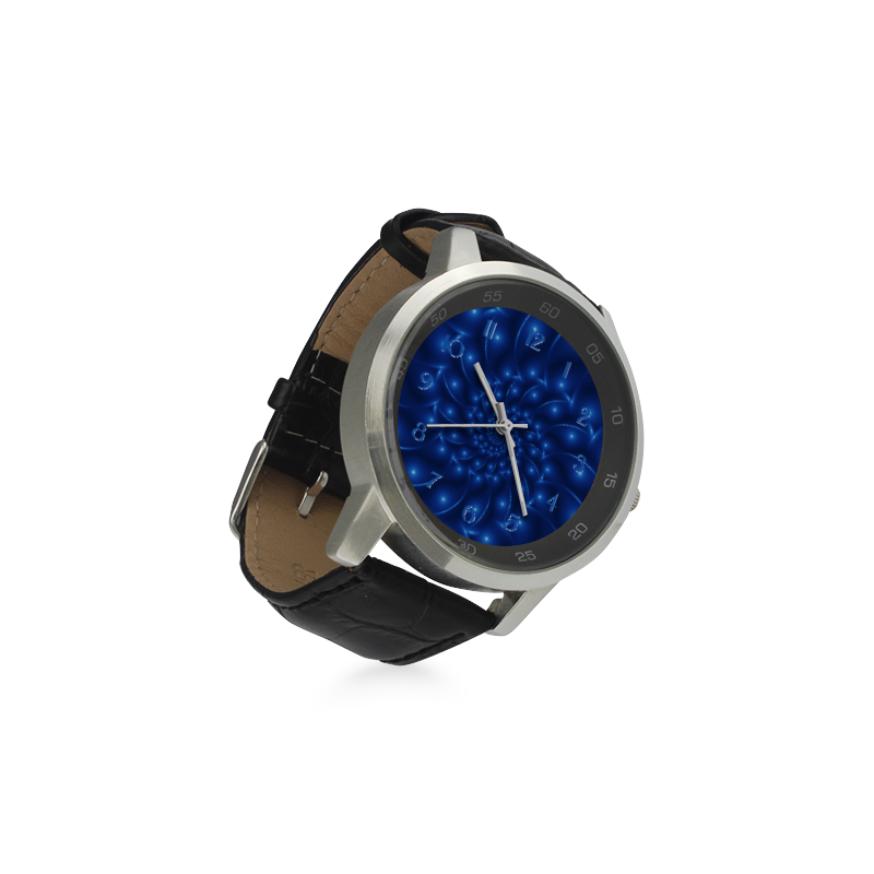 Glossy Blue Spiral Fractal Unisex Stainless Steel Leather Strap Watch(Model 202)