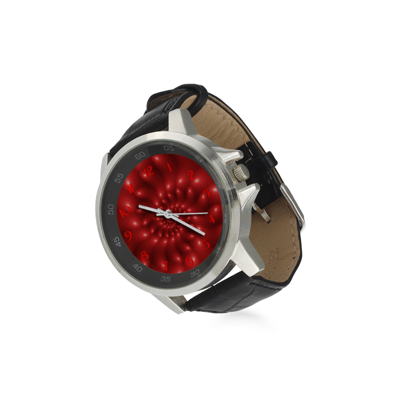 Glossy Red Spiral Fractal Unisex Stainless Steel Leather Strap Watch(Model 202)