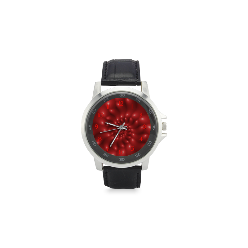 Glossy Red Spiral Fractal Unisex Stainless Steel Leather Strap Watch(Model 202)