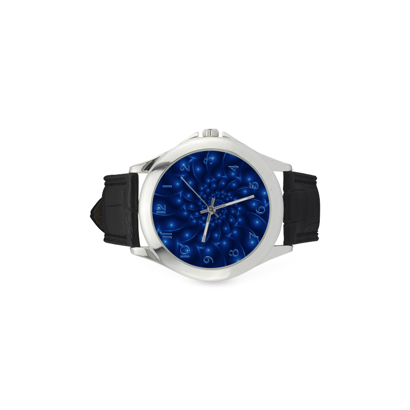 Glossy Blue Spiral Fractal Women's Classic Leather Strap Watch(Model 203)