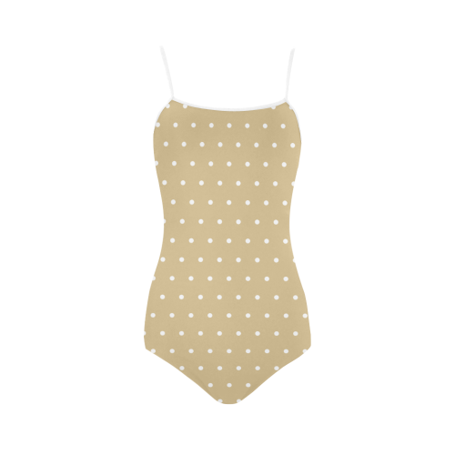 Polka dots white on beige VAS2 Strap Swimsuit ( Model S05)