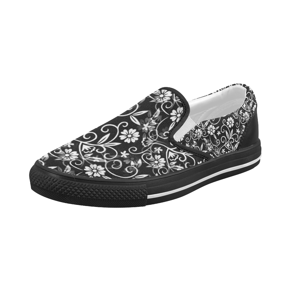 Black N White Floral Women's Slip-on Canvas Shoes (Model 019)