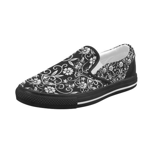 Black N White Floral Women's Slip-on Canvas Shoes (Model 019)