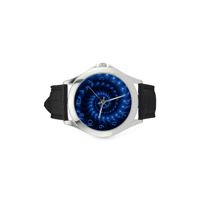 Glossy Blue Spiral Fractal Women's Classic Leather Strap Watch(Model 203)