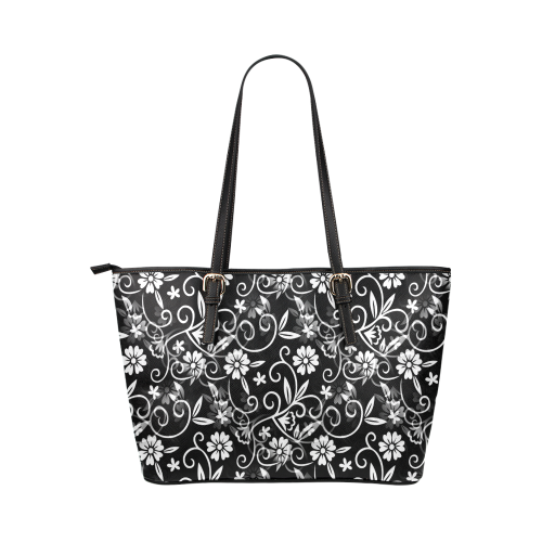 Black N White Floral Leather Tote Bag/Small (Model 1651)