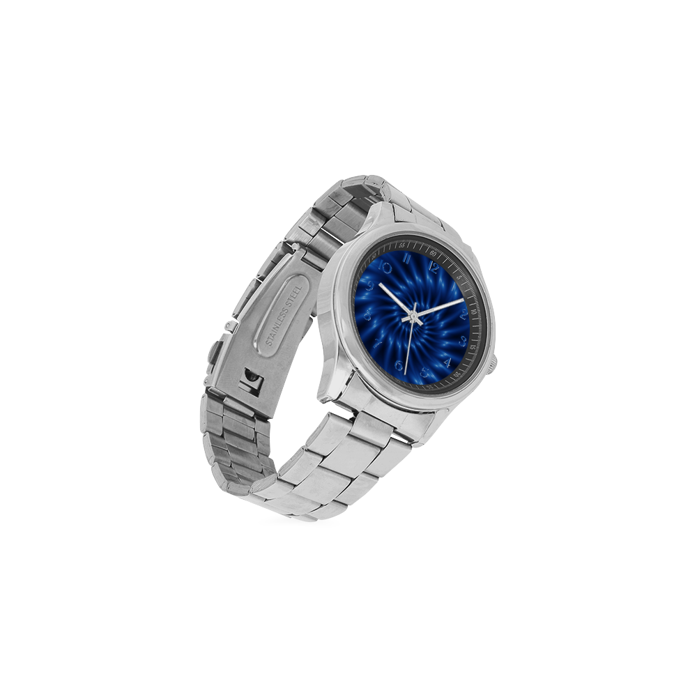 Glossy Blue Spiral Fractal Men's Stainless Steel Watch(Model 104)