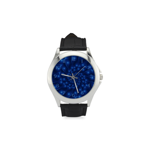 Glossy Blue Spiral Fractal Women's Classic Leather Strap Watch(Model 203)