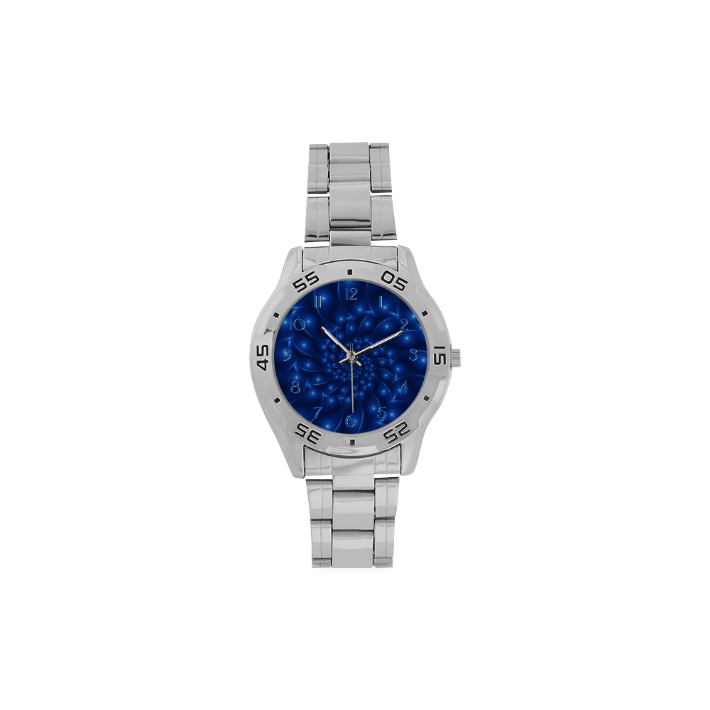Glossy Blue Spiral Fractal Men's Stainless Steel Analog Watch(Model 108)