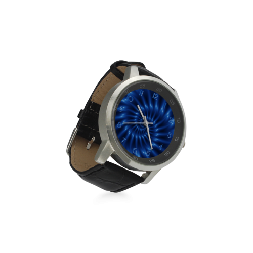 Glossy Blue Spiral Fractal Unisex Stainless Steel Leather Strap Watch(Model 202)