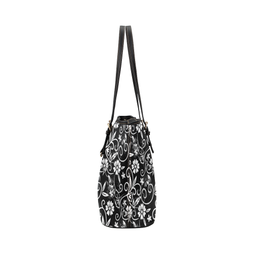Black N White Floral Leather Tote Bag/Small (Model 1651)