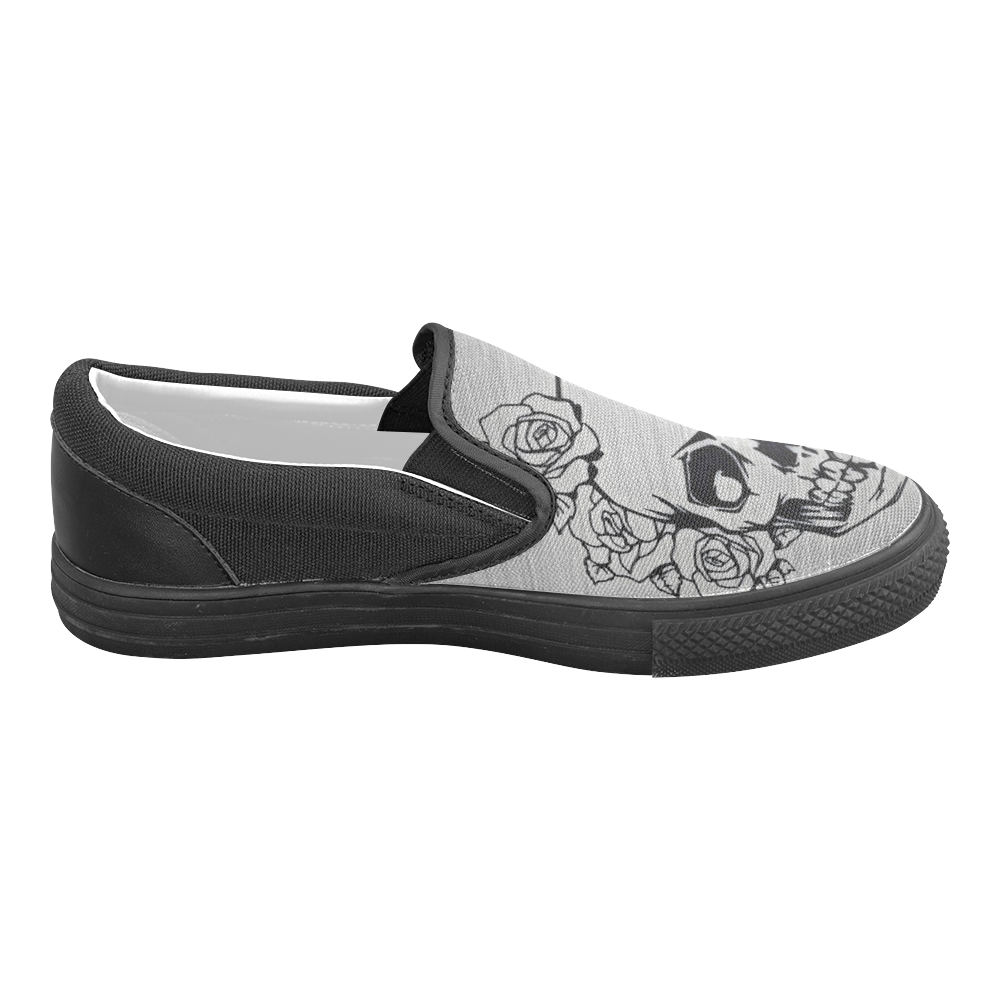 skull with roses Women's Unusual Slip-on Canvas Shoes (Model 019)
