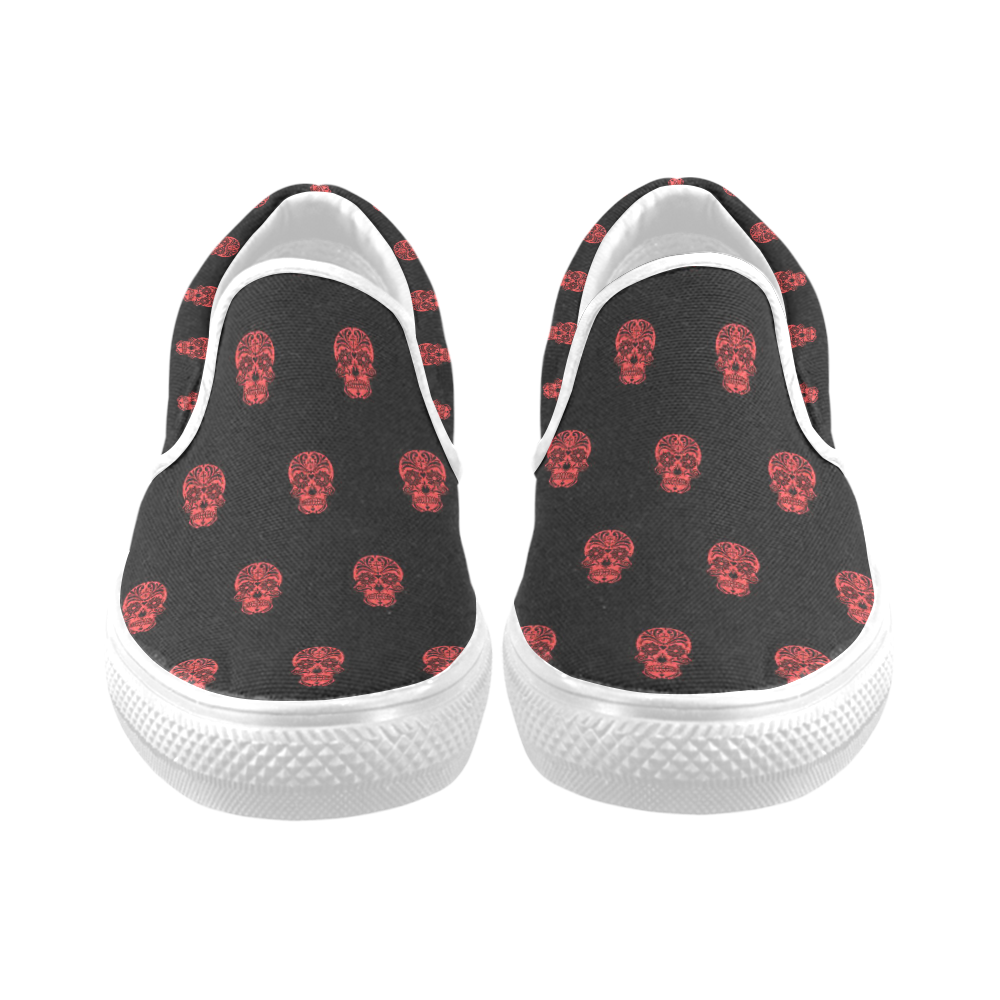 skull pattern red Women's Unusual Slip-on Canvas Shoes (Model 019)