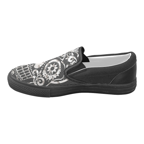 Skull, black silver metal Women's Unusual Slip-on Canvas Shoes (Model 019)