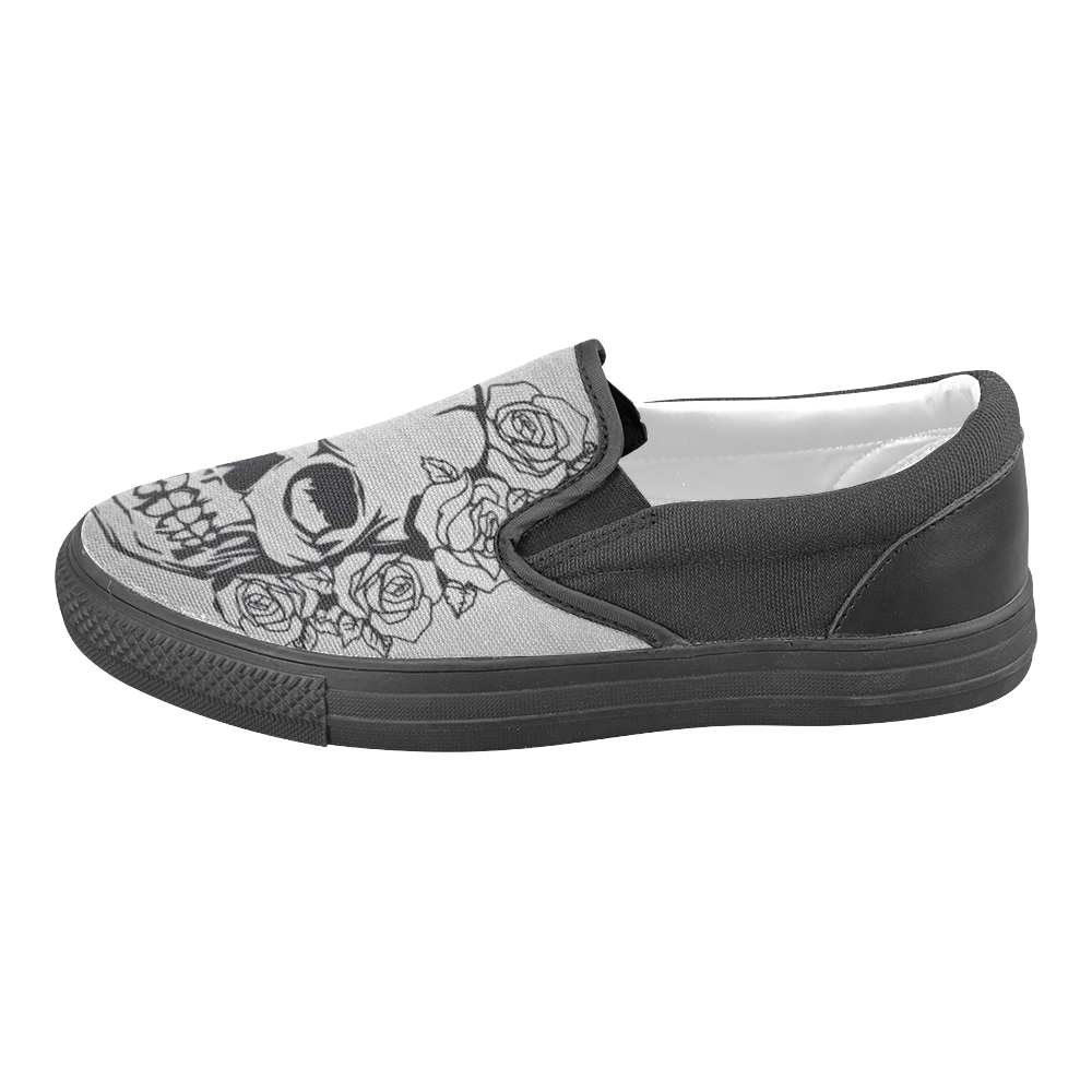 skull with roses Women's Unusual Slip-on Canvas Shoes (Model 019)