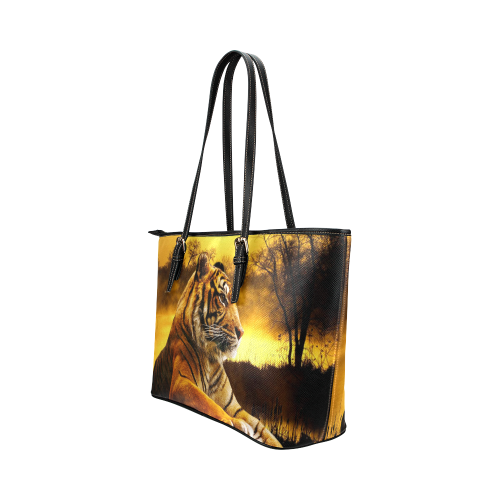 Tiger and Sunset Leather Tote Bag/Large (Model 1651)