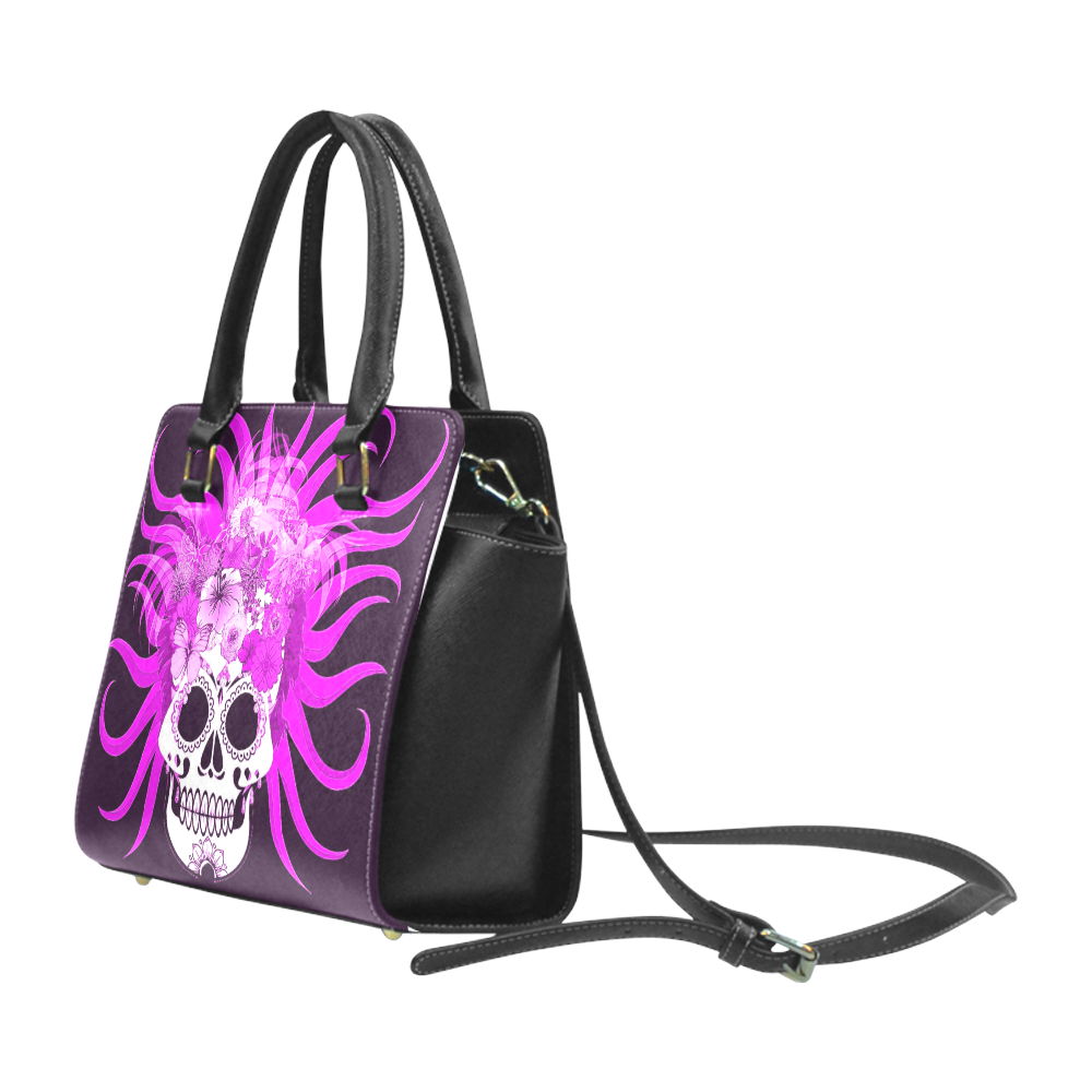 hippie skull,pink Rivet Shoulder Handbag (Model 1645)