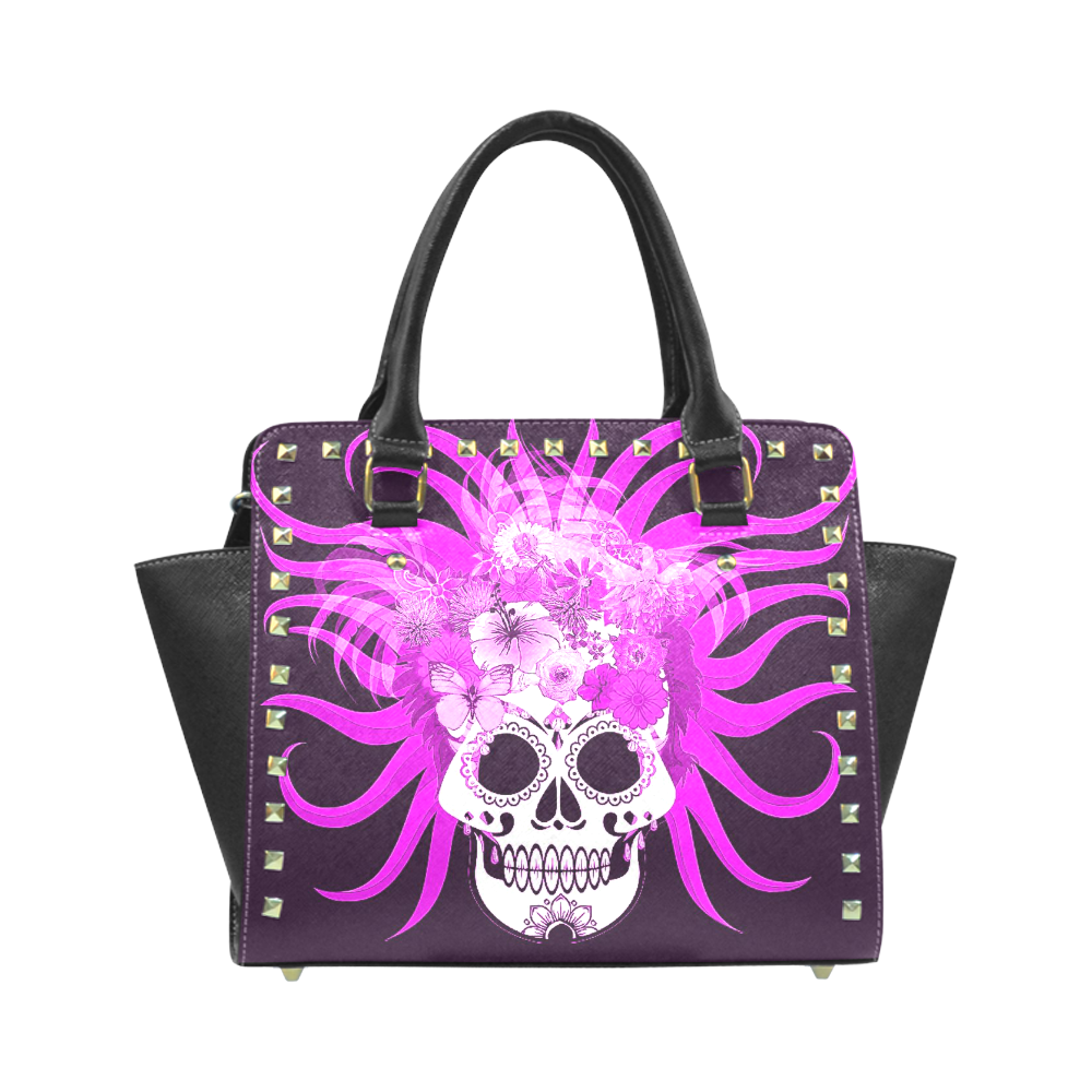 hippie skull,pink Rivet Shoulder Handbag (Model 1645)