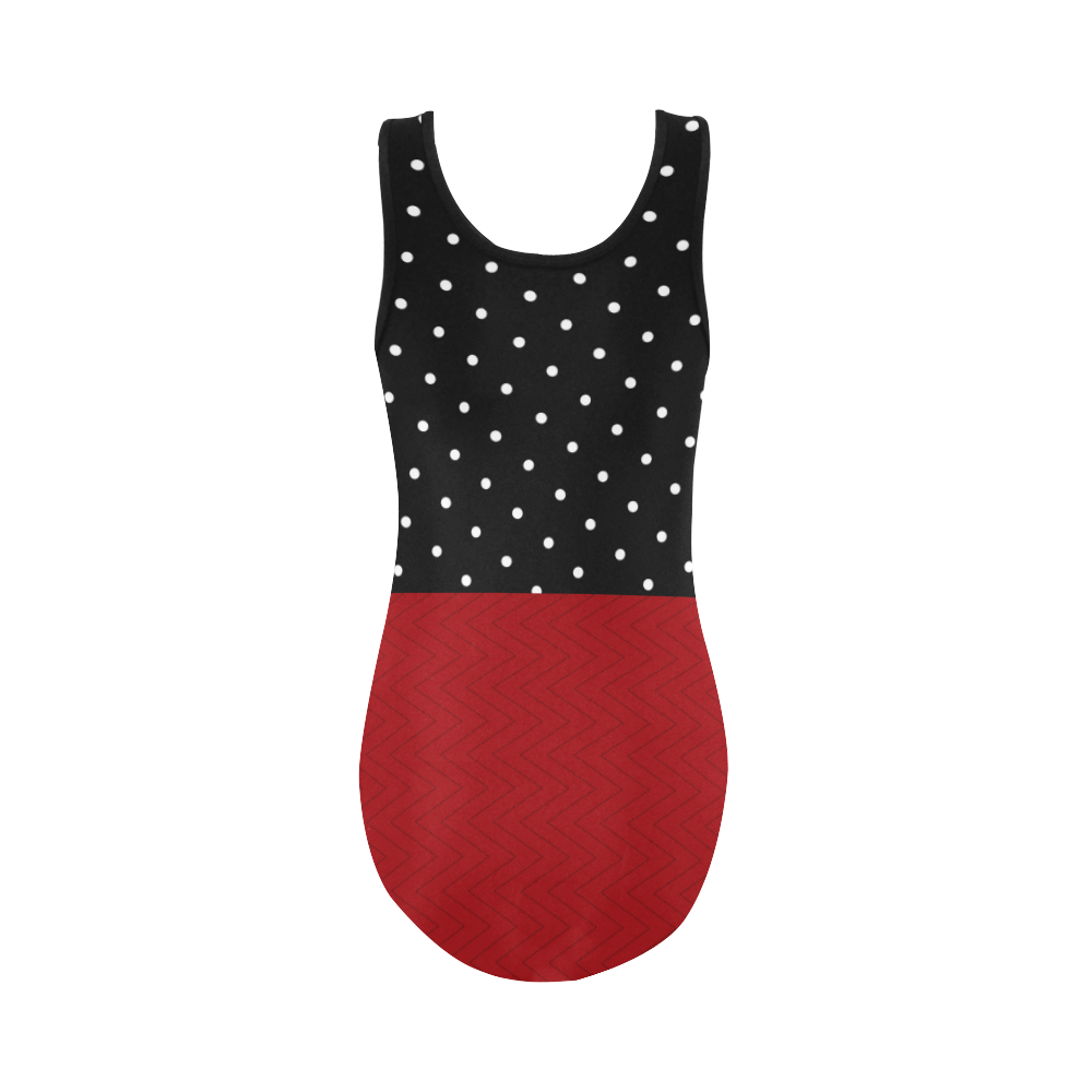 Polka dots & zigzag pattern mix VAS2 Vest One Piece Swimsuit (Model S04)