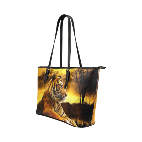 Tiger and Sunset Leather Tote Bag/Large (Model 1651)