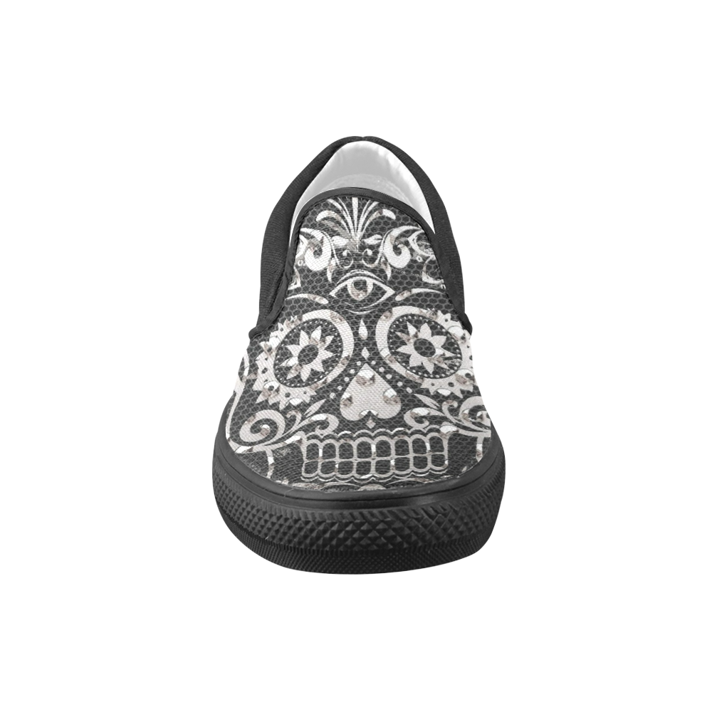 Skull, black silver metal Women's Unusual Slip-on Canvas Shoes (Model 019)