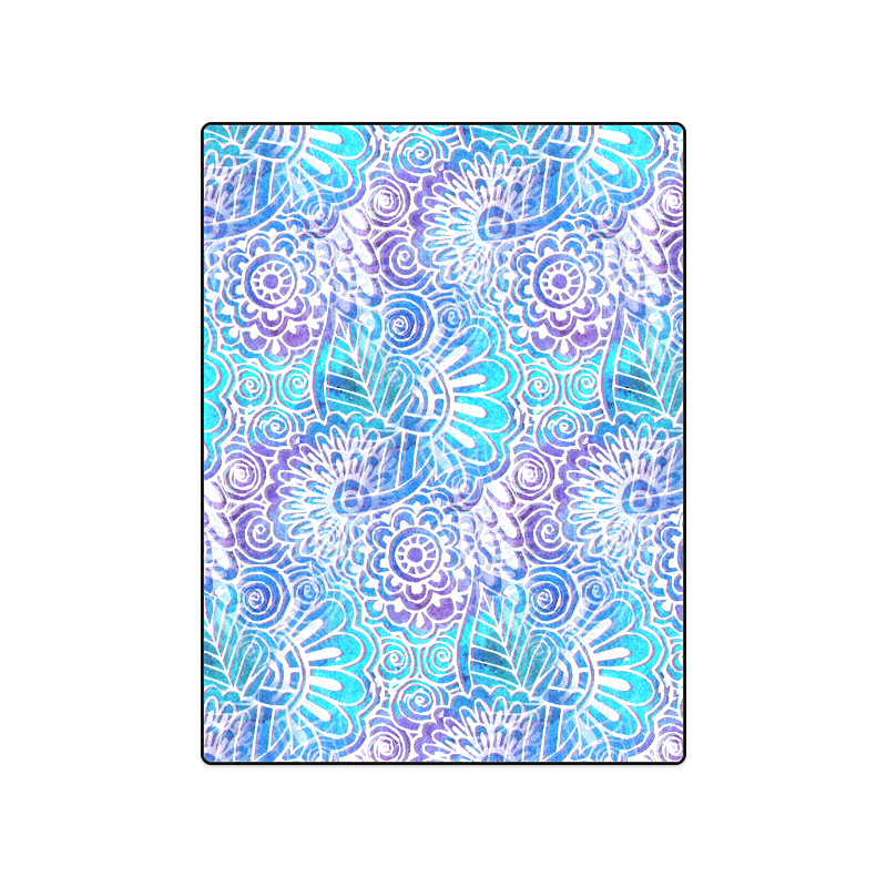 Boho Flower Doodle On Blue Watercolor Blanket 50"x60"