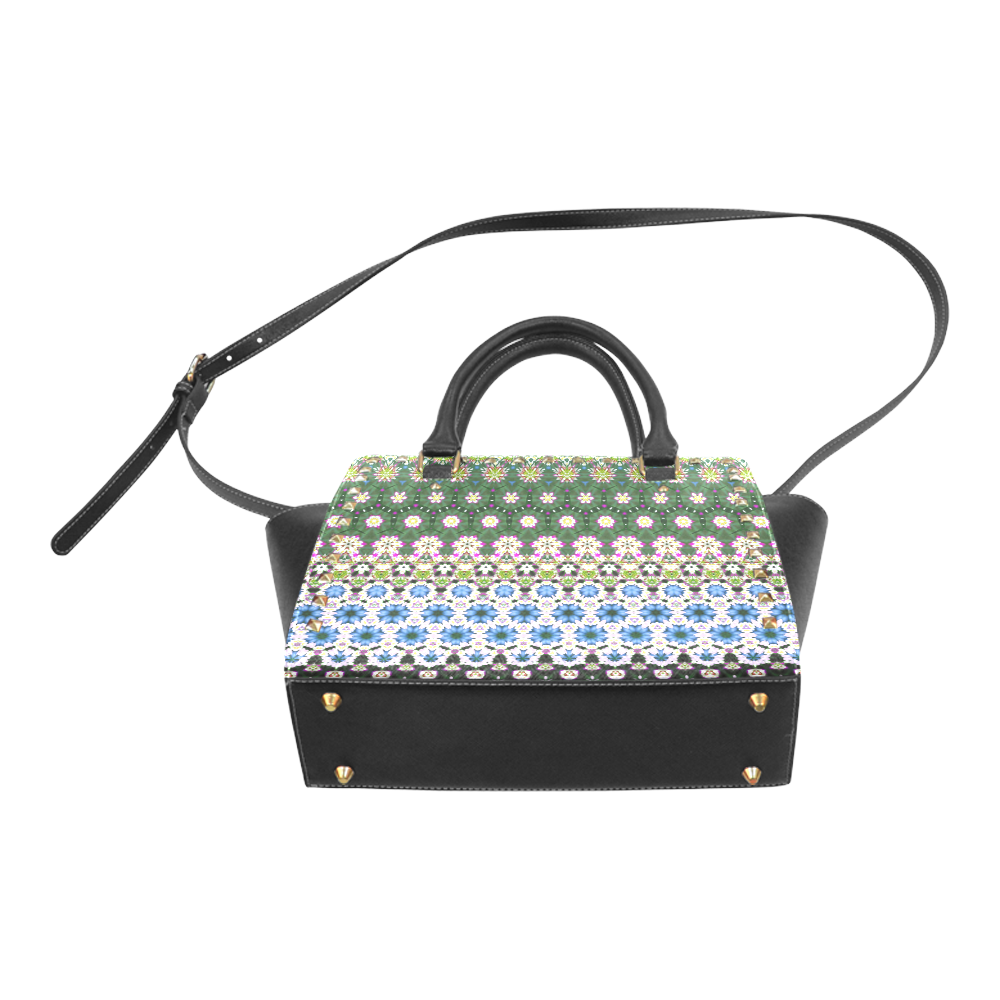 Abstract Ethnic Floral Stripe Pattern Countrystyle Rivet Shoulder Handbag (Model 1645)