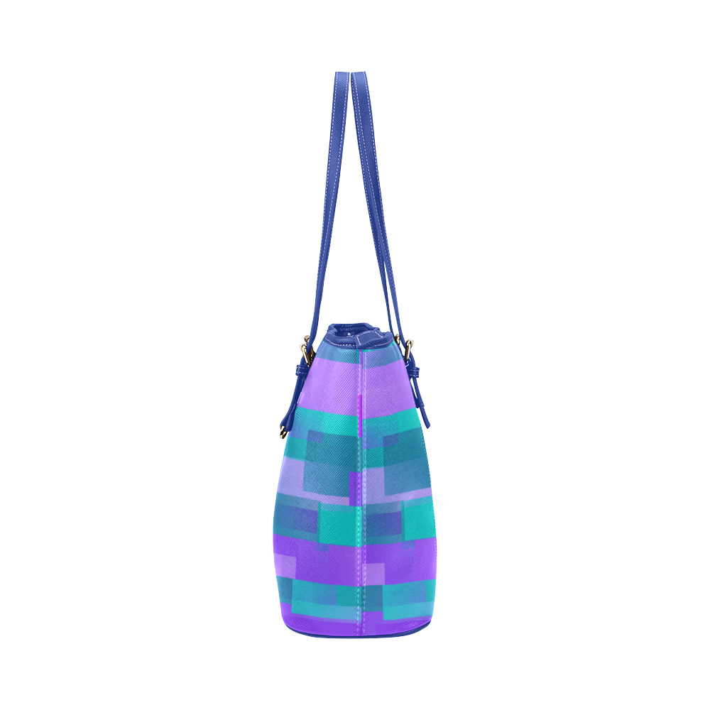 Purple and Teal Blocks Leather Tote Bag/Large (Model 1651)
