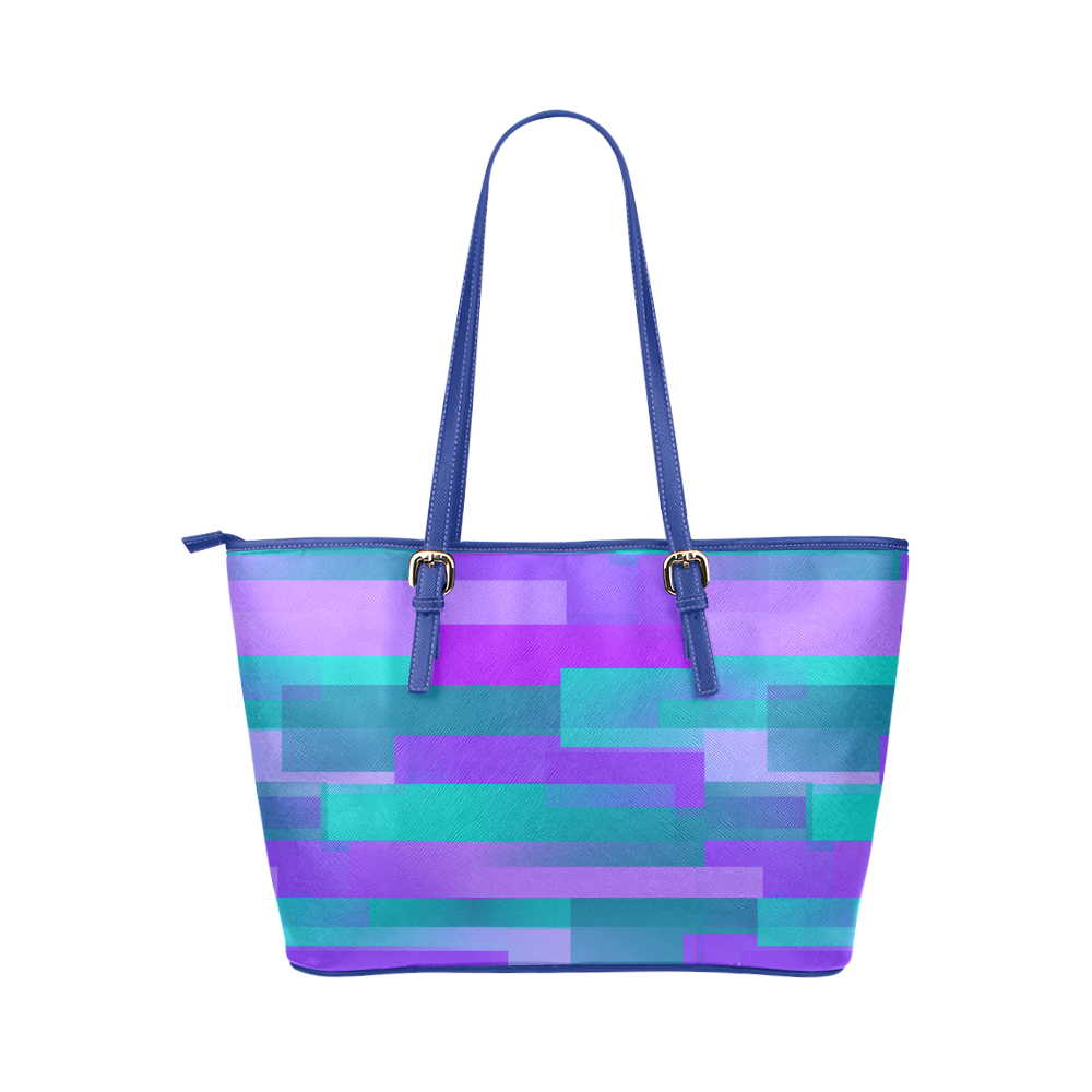 Purple and Teal Blocks Leather Tote Bag/Large (Model 1651) | ID: D299465