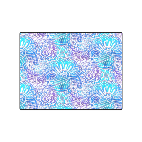 Boho Flower Doodle On Blue Watercolor Blanket 50"x60"