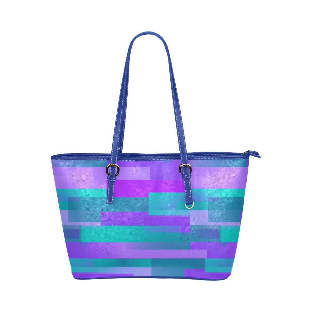 Purple and Teal Blocks Leather Tote Bag/Large (Model 1651)