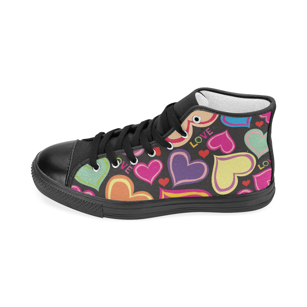 Hearts and Love on Black Women's Classic High Top Canvas Shoes (Model 017)