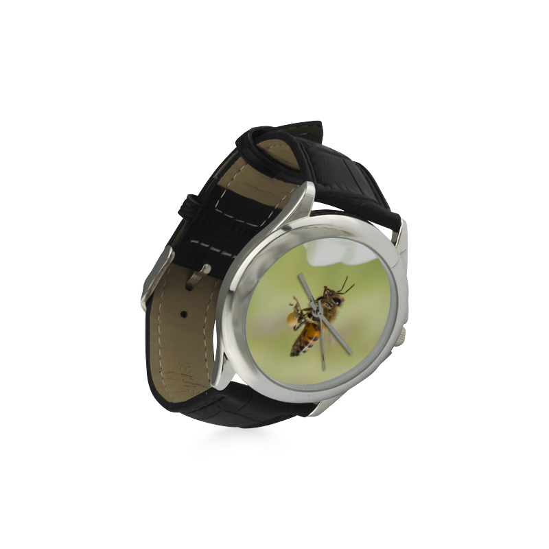 Macro of Bee in Flight Women's Classic Leather Strap Watch(Model 203)