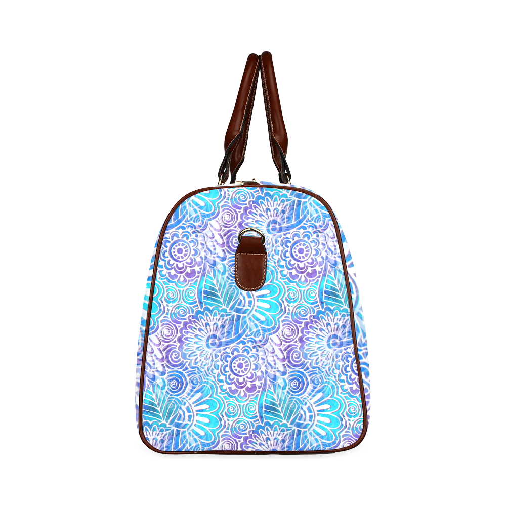 Boho Flower Doodle On Blue Watercolor Waterproof Travel Bag/Large (Model 1639)
