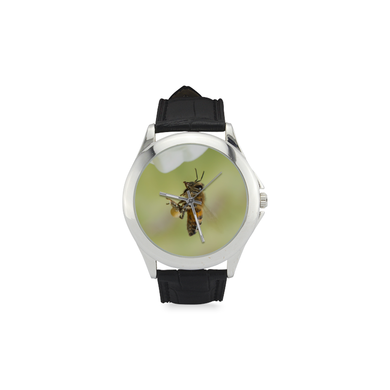 Macro of Bee in Flight Women's Classic Leather Strap Watch(Model 203)